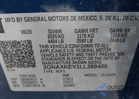 2020 Chevrolet Equinox Fwd Lt 1.5L Turbo из США, поврежденный, VIN 3GNAXKEV1LL289405